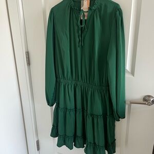 $20 Long-Sleeve Tiered Mini Dress in Emerald Green
